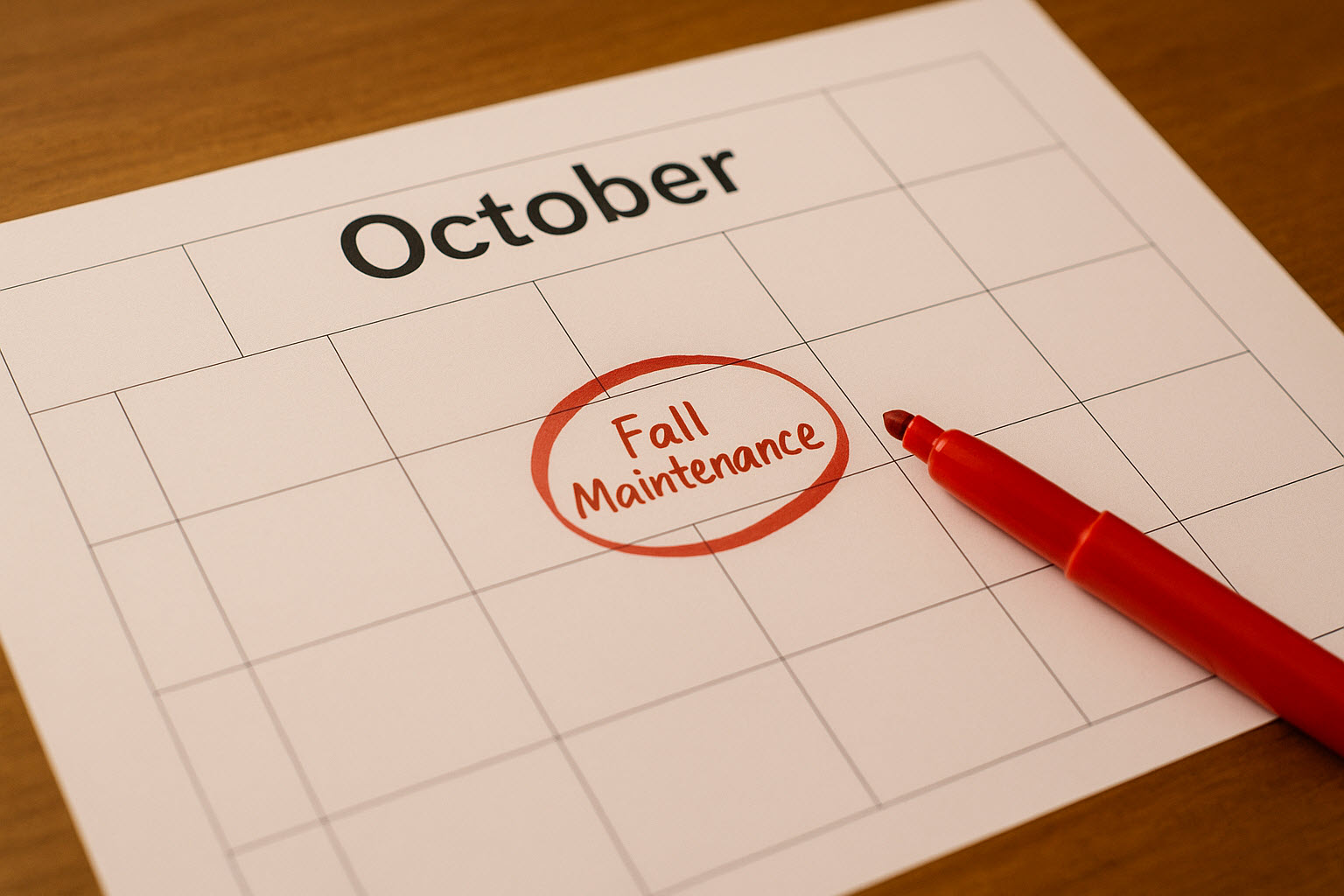 October calendar page with “Fall Maintenance” circled in red, representing fall HVAC tune-up reminders for Celina, TX homeowners.